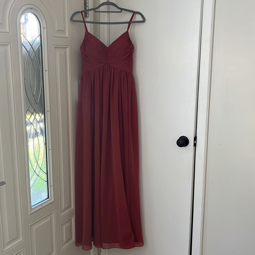 terracotta floor length bridesmaids dress